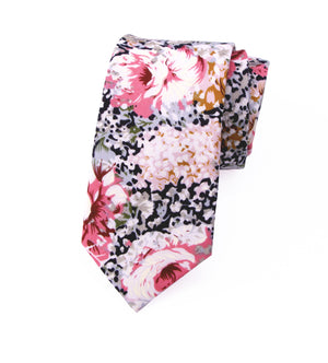 Men's Cotton Printed Floral Skinny Tie, Black/Pink (Color F34)