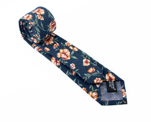 Men's Cotton Printed Floral Skinny Tie, Navy/Orange (Color F35)
