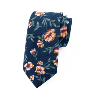 Men's Cotton Printed Floral Skinny Tie, Navy/Orange (Color F35)