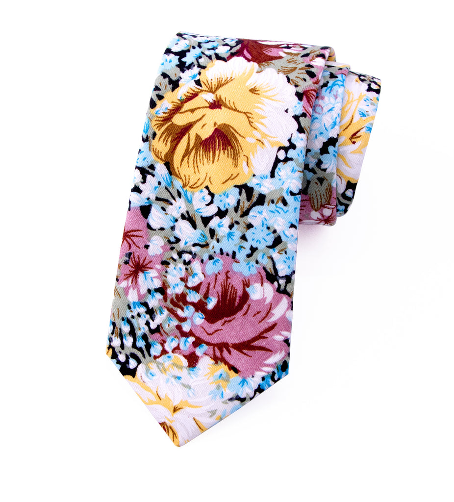 Men's Cotton Printed Floral Skinny Tie, Black/Mauve (Color F36)