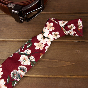 Men's Cotton Printed Floral Skinny Tie, Burgundy (Color F37)