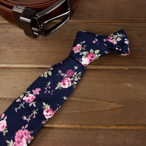 Men's Cotton Printed Floral Skinny Tie, Navy/Pink (Color F38)