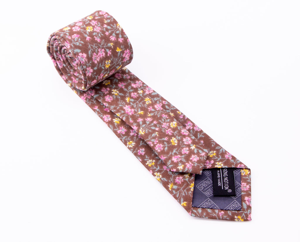 Men's Cotton Printed Floral Skinny Tie, Brown (Color F39)