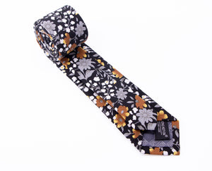 Men's Cotton Printed Floral Skinny Tie, Black/Mustard (Color F41)