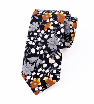 Men's Cotton Printed Floral Skinny Tie, Black/Mustard (Color F41)