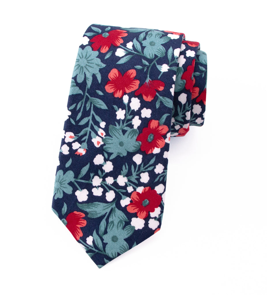 Men's Cotton Printed Floral Skinny Tie, Blue/Red (Color F42)