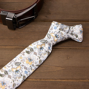 Men's Cotton Printed Floral Skinny Tie, Gold Metallic (Color F44)
