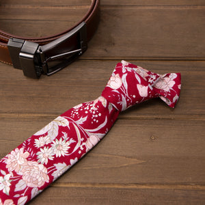 Men's Cotton Printed Floral Skinny Tie, Apple Red (Color F45)