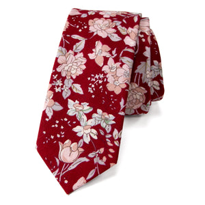 Men's Cotton Printed Floral Skinny Tie, Apple Red (Color F45)
