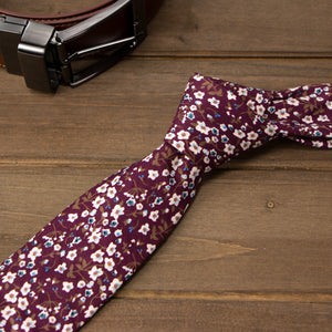 Men's Cotton Printed Floral Skinny Tie, Wine (Color F47)