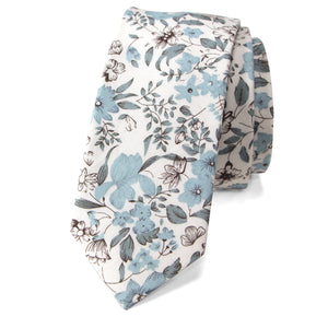 Men's Cotton Printed Floral Skinny Tie, Dusty Blue (Color F48)