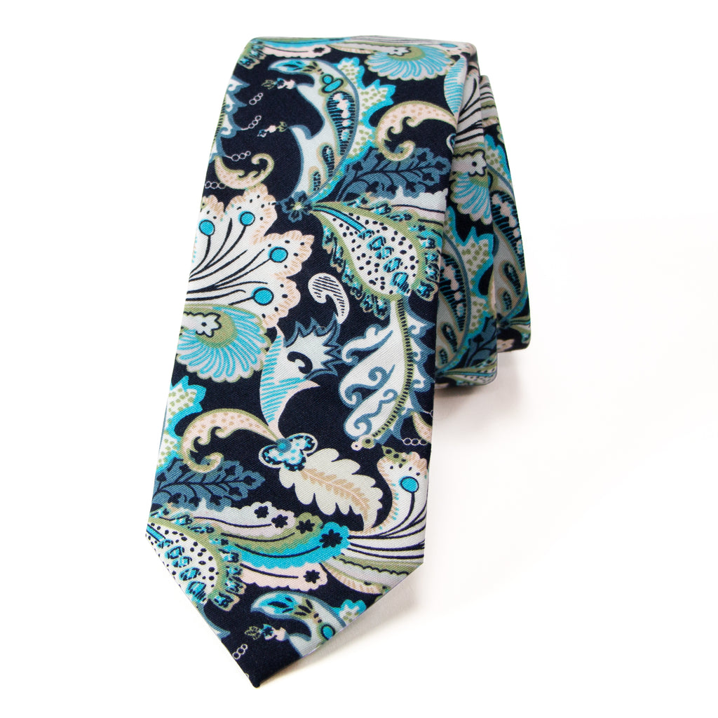 Men's Cotton Printed Floral Skinny Tie, Marine (Color F50)