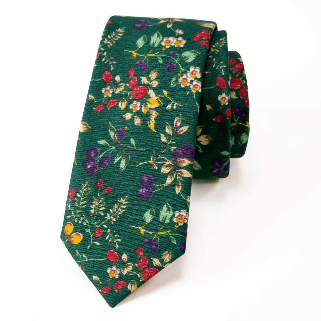 Men's Cotton Printed Floral Skinny Tie, Juniper (Color F51)