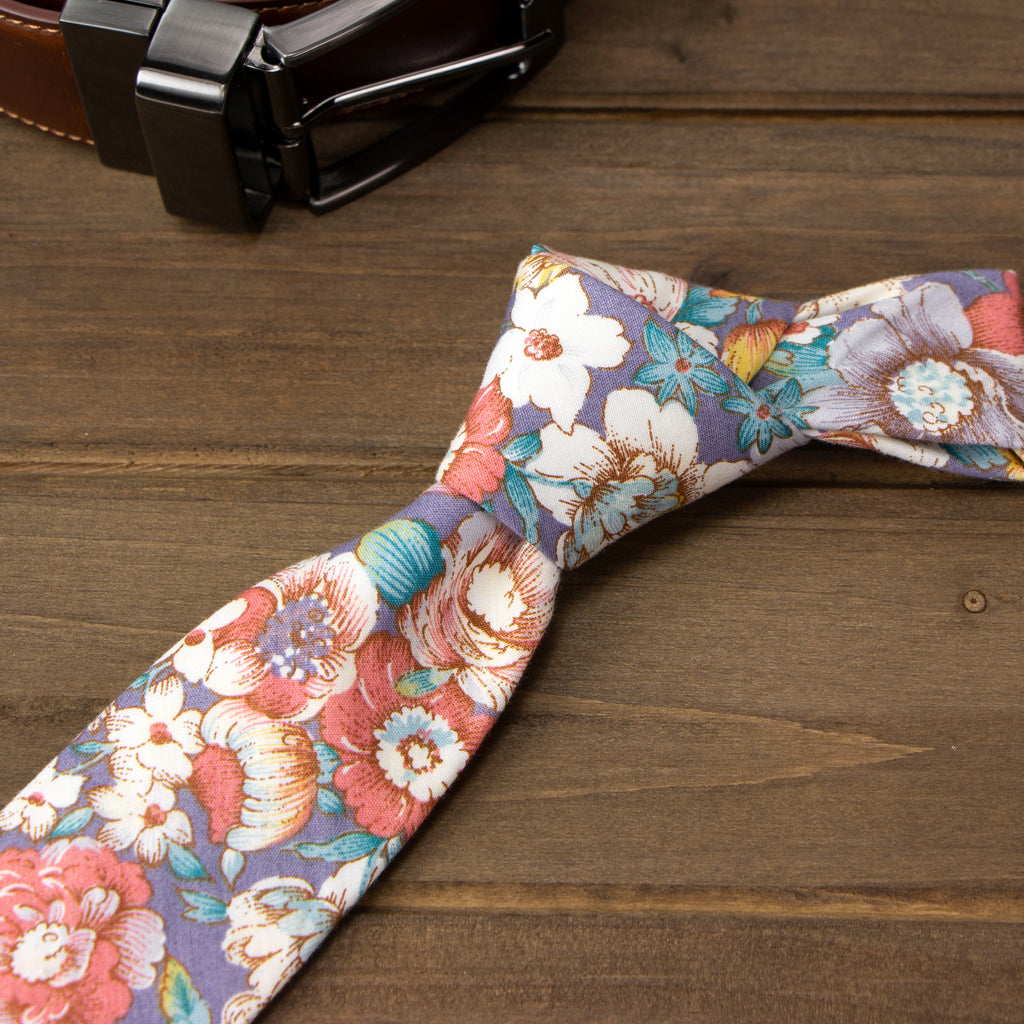 Men's Cotton Printed Floral Skinny Tie, Lavender Haze (Color F53)