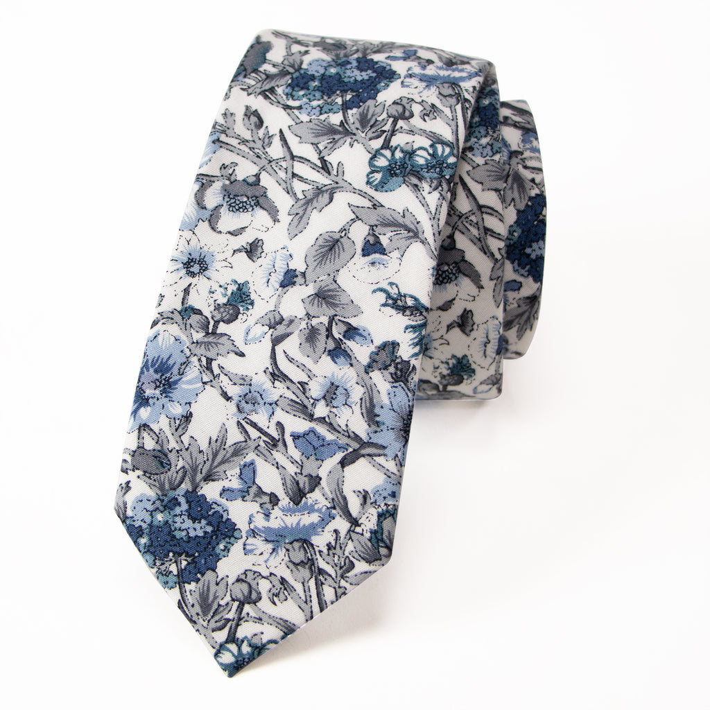 Men's Cotton Printed Floral Skinny Tie, Steel Blue (Color F54)