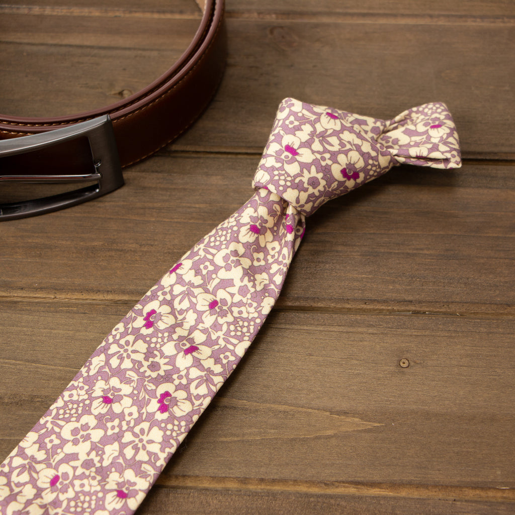 Men's Cotton Printed Floral Skinny Tie, Rose Gold (Color F55)