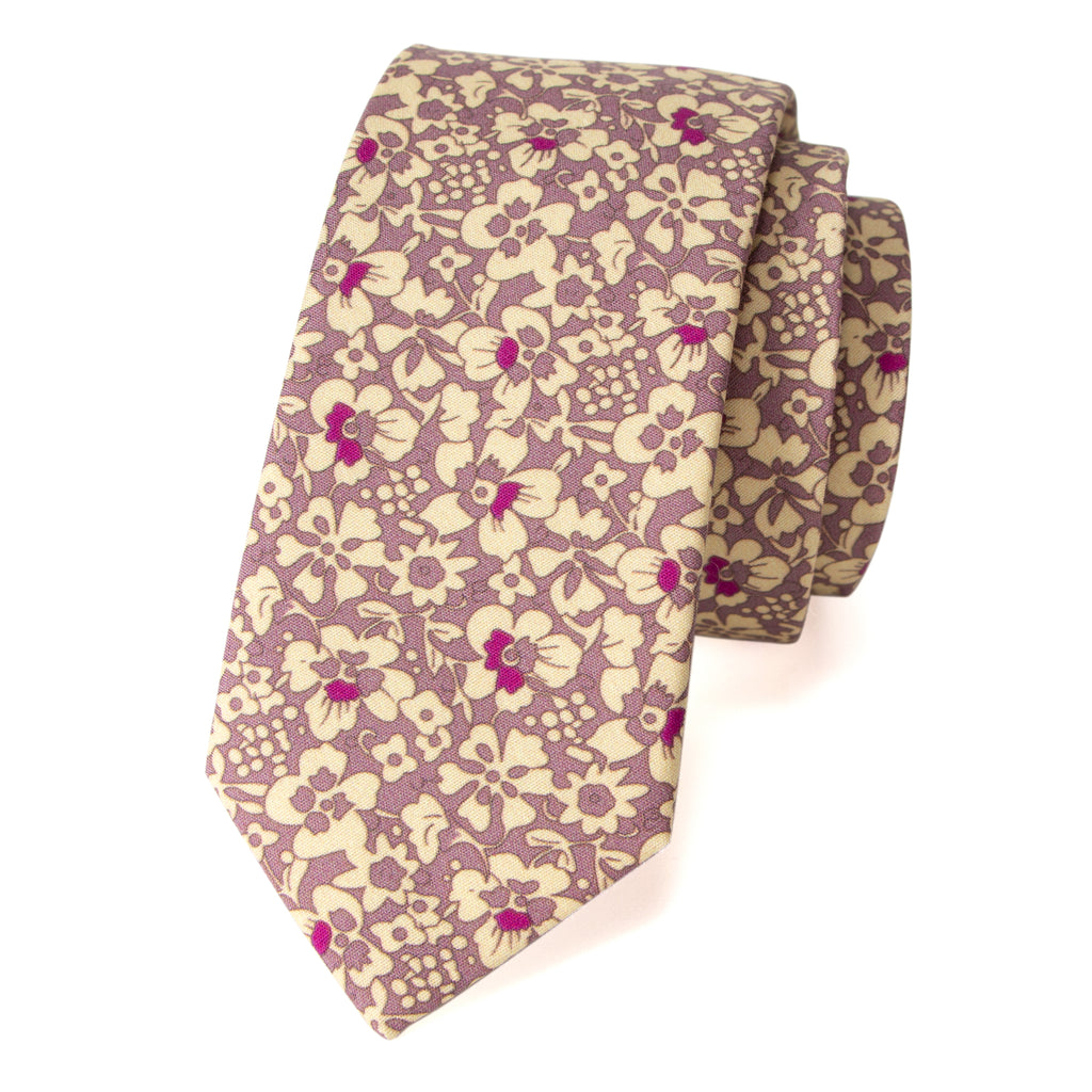 Men's Cotton Printed Floral Skinny Tie, Rose Gold (Color F55)