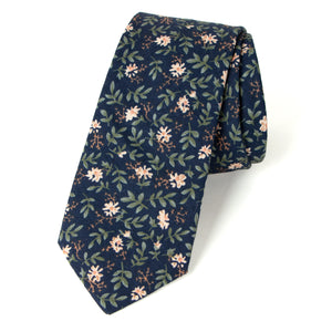 Men's Cotton Printed Floral Skinny Tie, Navy (Color F57)