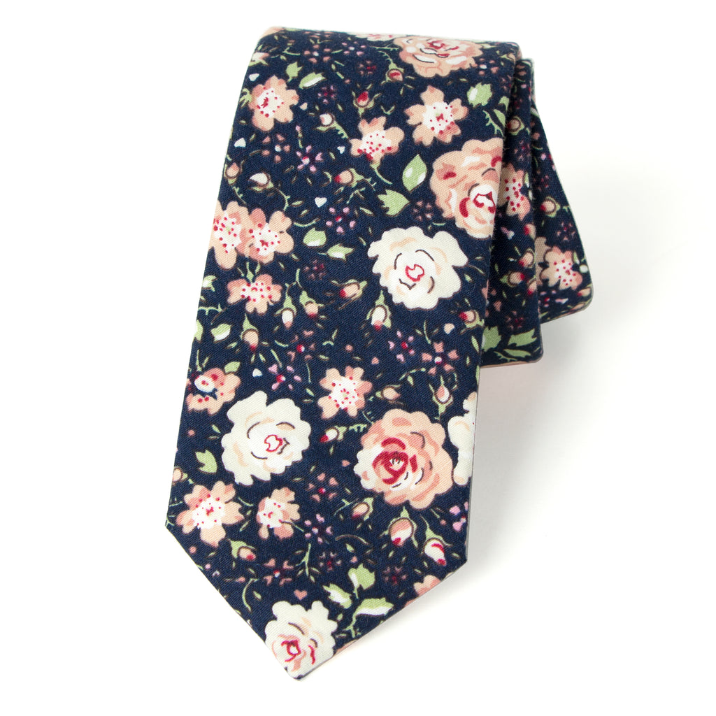 Men's Cotton Printed Floral Skinny Tie, Navy Blush Pink (Color F59)
