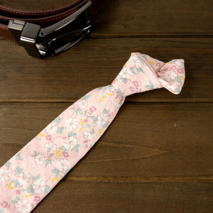 Men's Cotton Printed Floral Skinny Tie, Blush Pink (Color F60)
