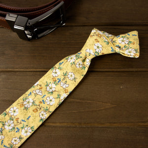 Men's Cotton Printed Floral Skinny Tie, Yellow (Color F61)