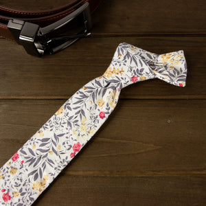 Men's Cotton Printed Floral Skinny Tie, Yellow Red Grey (Color F62)