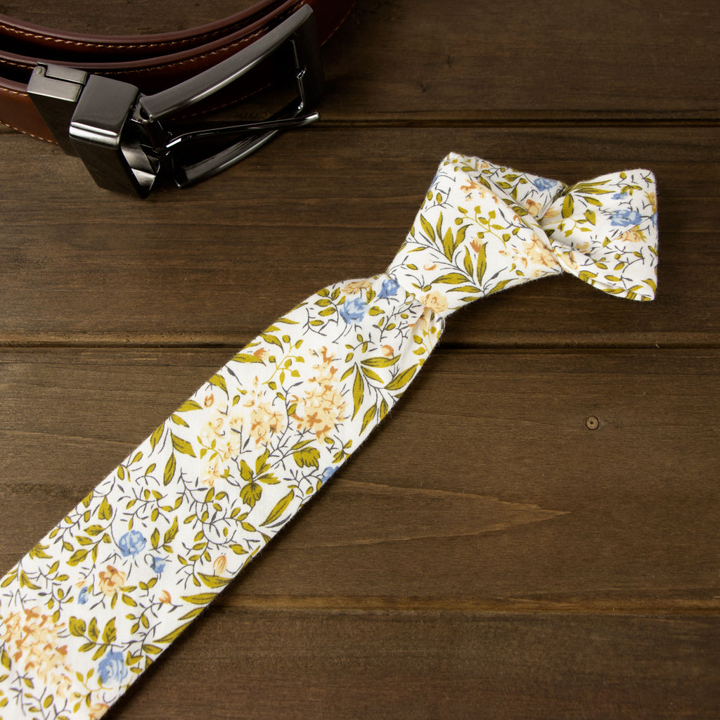 Men's Cotton Printed Floral Skinny Tie, Yellow Blue Green (Color F63)
