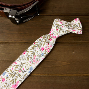 Men's Cotton Printed Floral Skinny Tie, Blue Pink (Color F64)