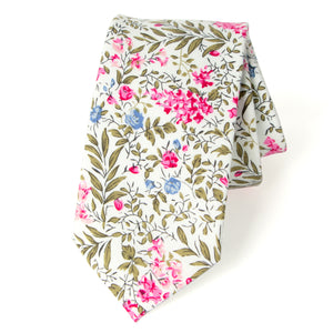 Men's Cotton Printed Floral Skinny Tie, Blue Pink (Color F64)