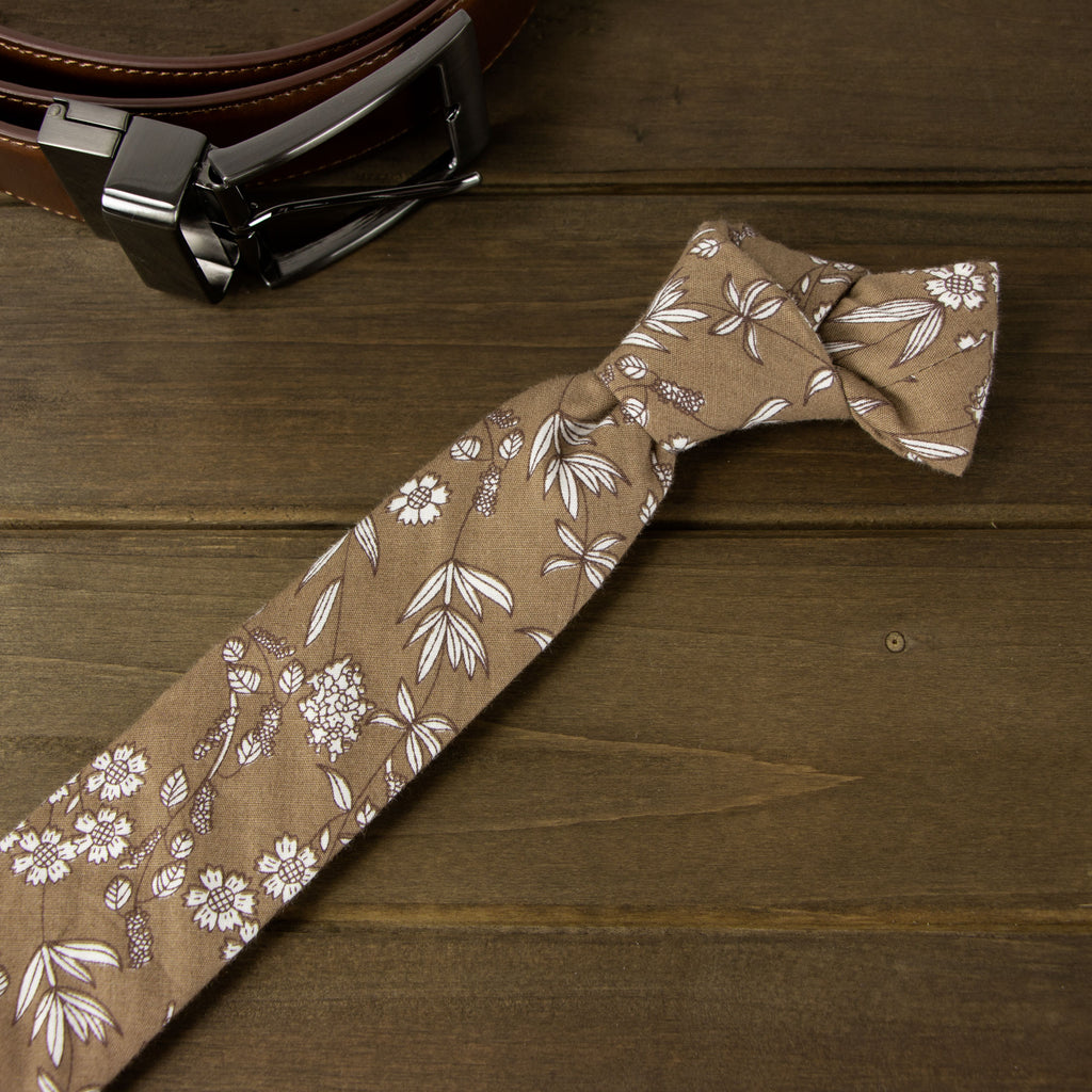 Men's Cotton Printed Floral Skinny Tie, Brown (Color F65)