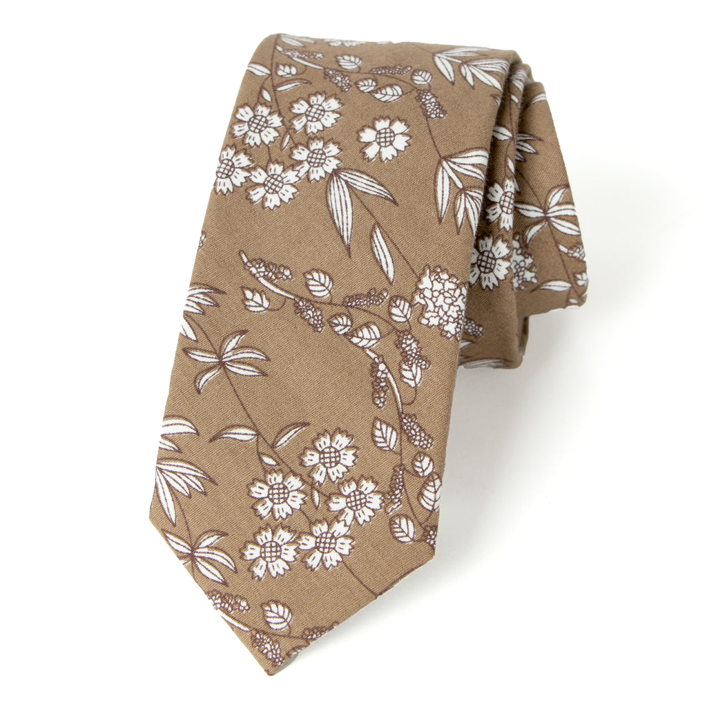 Men's Cotton Printed Floral Skinny Tie, Brown (Color F65)