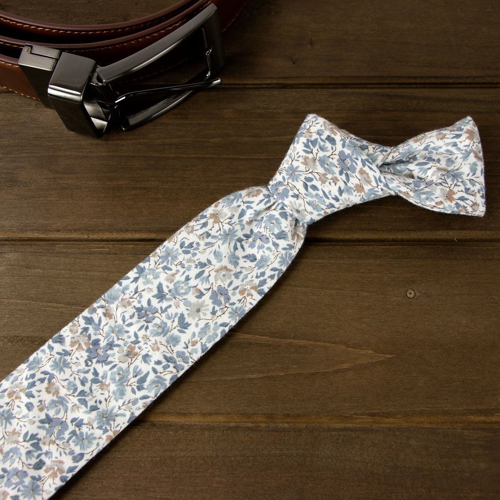 Men's Cotton Printed Floral Skinny Tie, Steel Blue (Color F67)
