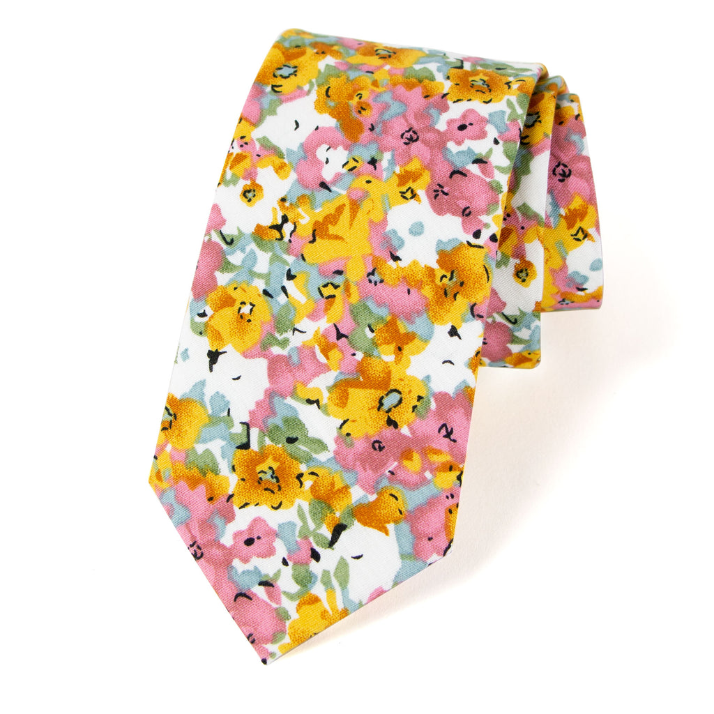 Men's Cotton Printed Floral Skinny Tie, Mustard/Pink (Color F68)