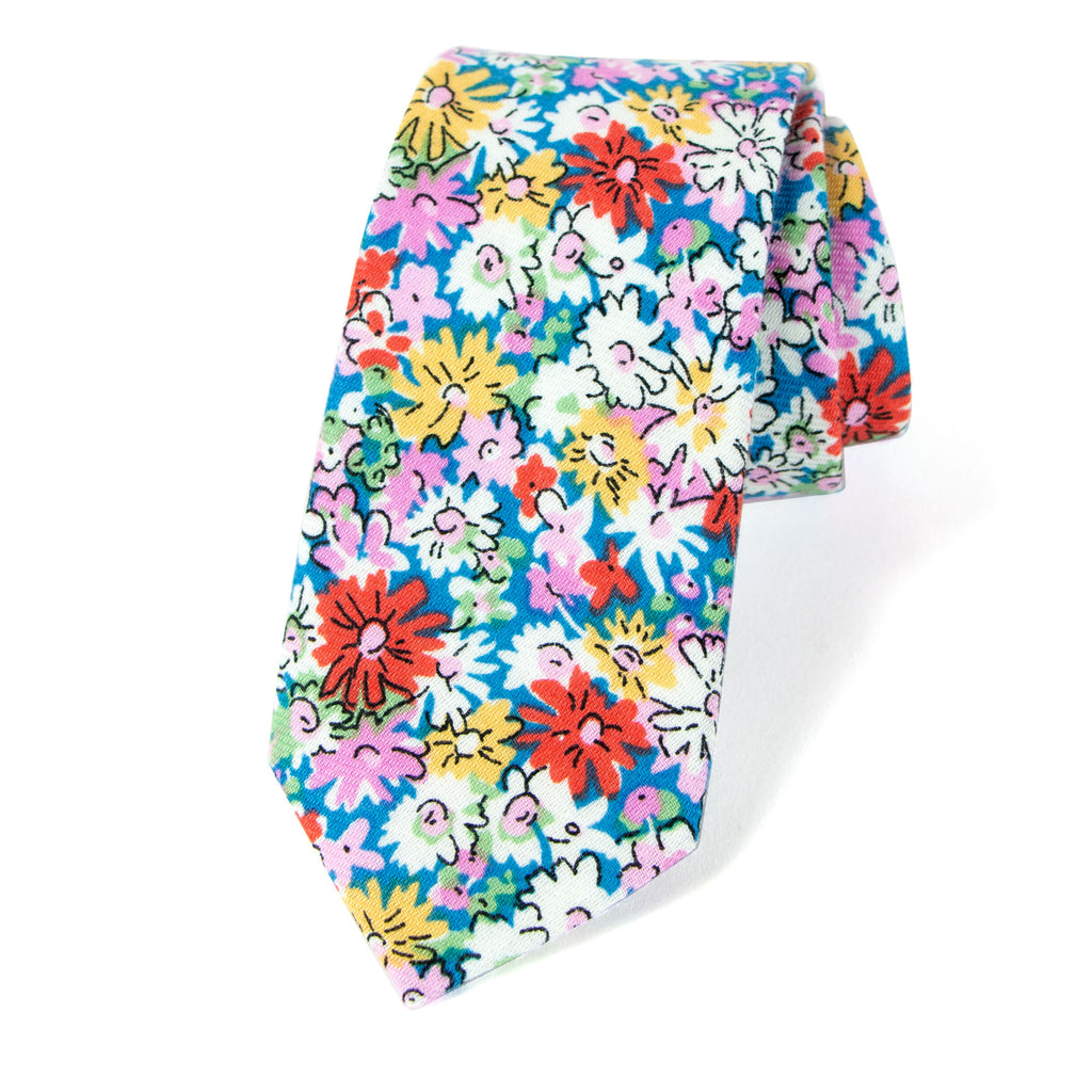 Men's Cotton Printed Floral Skinny Tie, Blue Yellow (Color F70)
