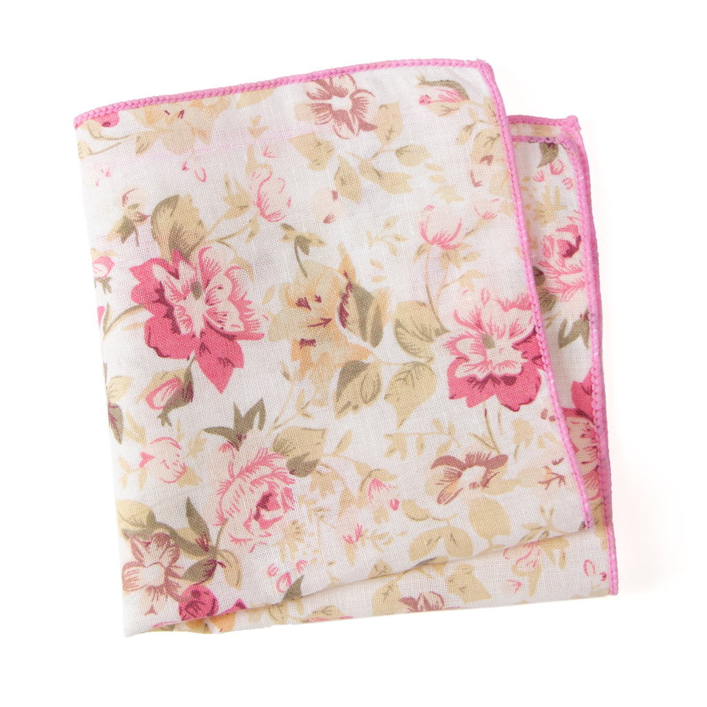 Men's Cotton Floral Print Pocket Square, Peach (Color F25)