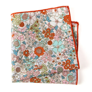 Men's Cotton Floral Print Pocket Square, Blue/Pink/Rust (Color F27)