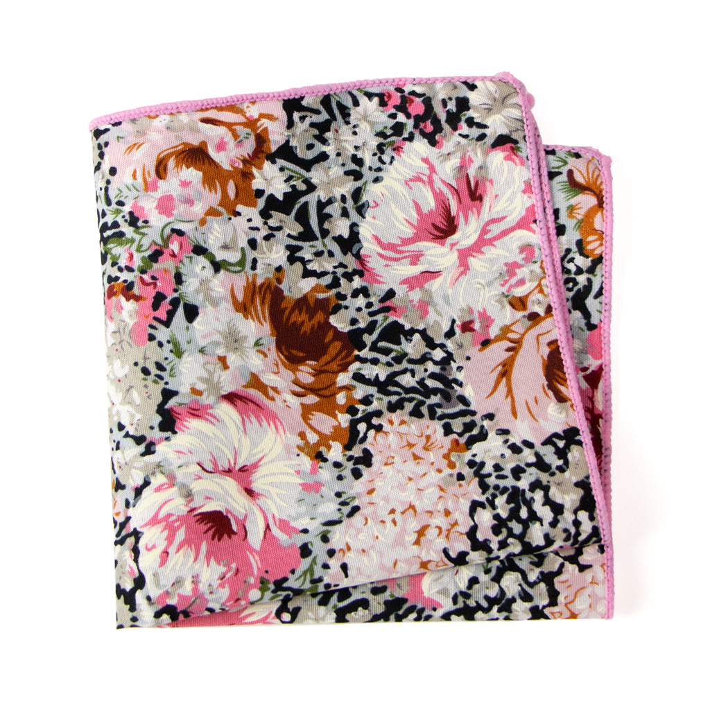Men's Cotton Floral Print Pocket Square, Black/Pink (Color F34)