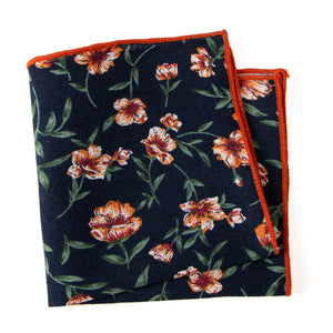 Men's Cotton Floral Print Pocket Square, Navy/Orange (Color F35)