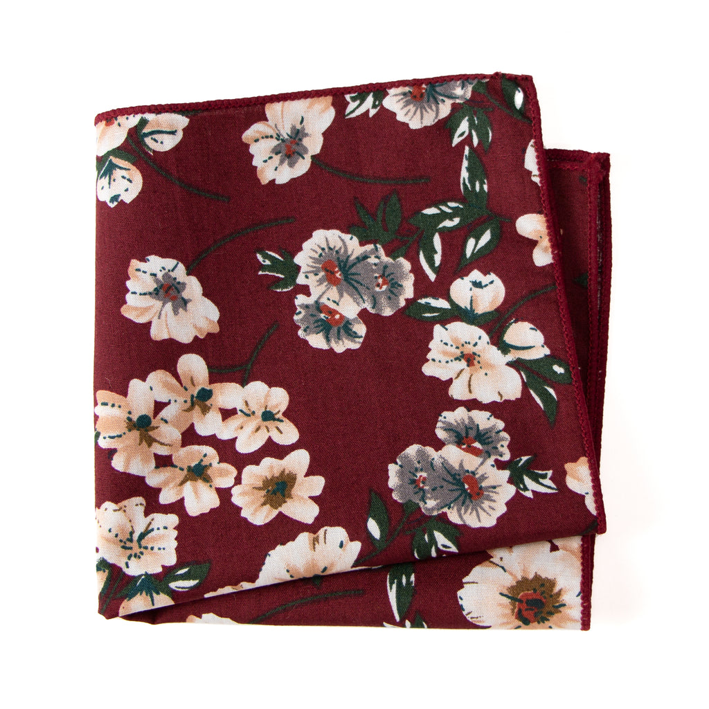 Men's Cotton Floral Print Pocket Square, Burgundy (Color F37)