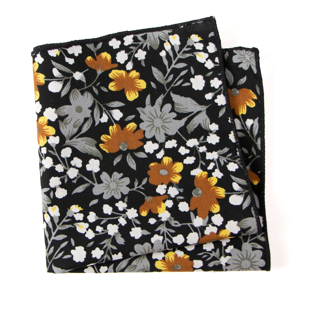 Boys' Cotton Floral Print Pocket Square, Black/Mustard (Color F41)