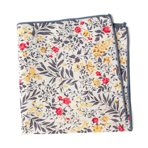 Men's Cotton Floral Print Pocket Square, Yellow Red Grey (Color F62)