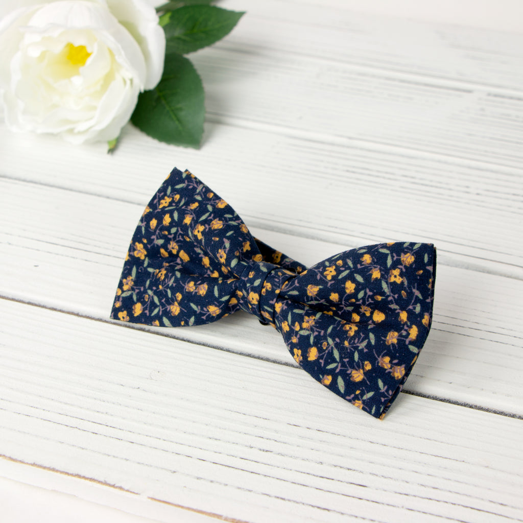 Men's Cotton Floral Print Bow Tie, Navy (Color F11)