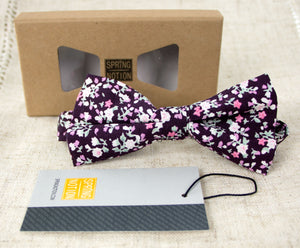 Men's Cotton Floral Print Bow Tie, Purple (Color F20)