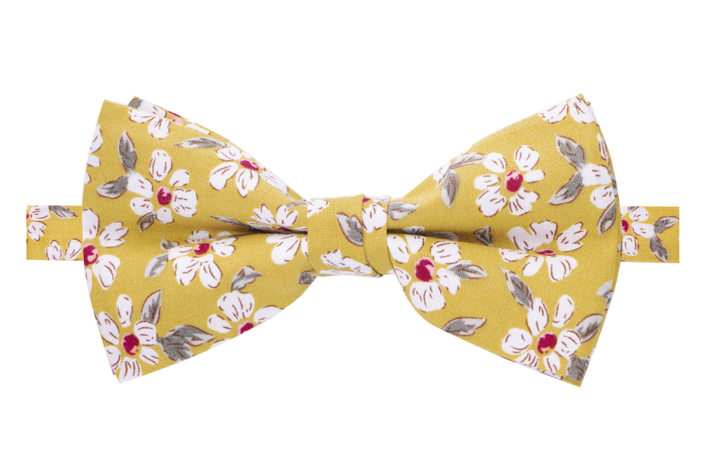 Men's Cotton Floral Print Bow Tie, Mustard (Color F32)