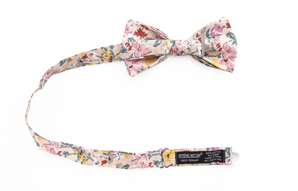 Men's Cotton Floral Print Bow Tie, Ivory (Color F33)
