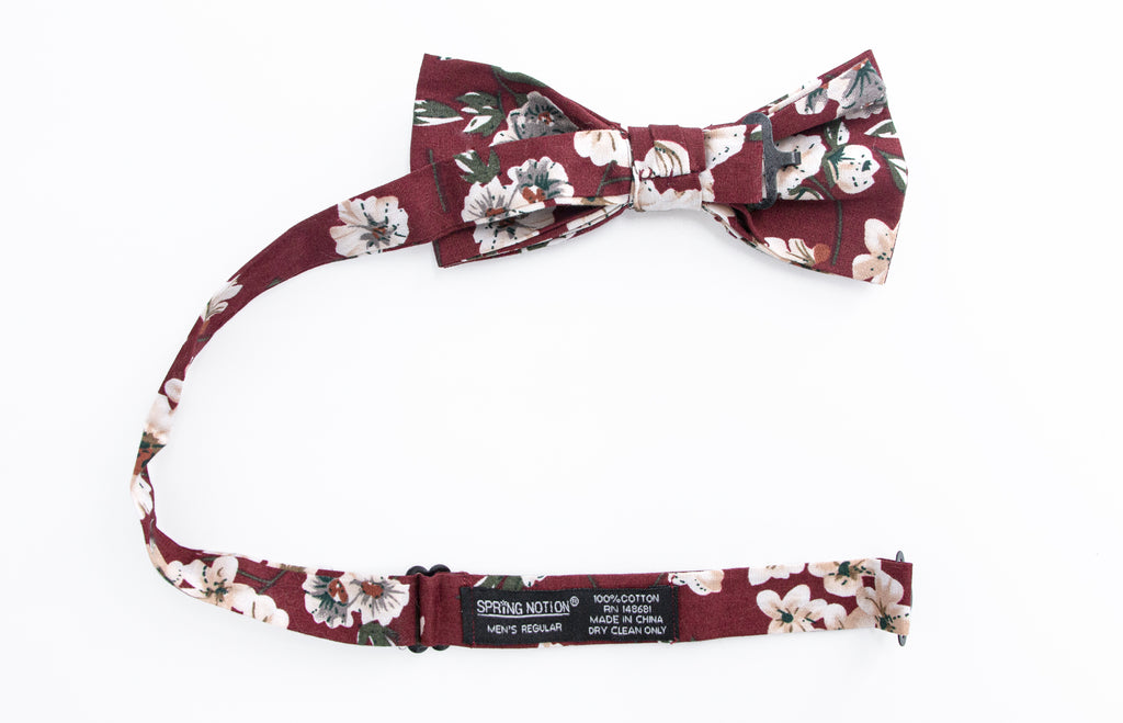 Men's Cotton Floral Print Bow Tie, Burgundy (Color F37)