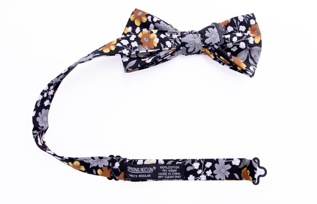 Men's Cotton Floral Print Bow Tie, Black/Mustard (Color F41)