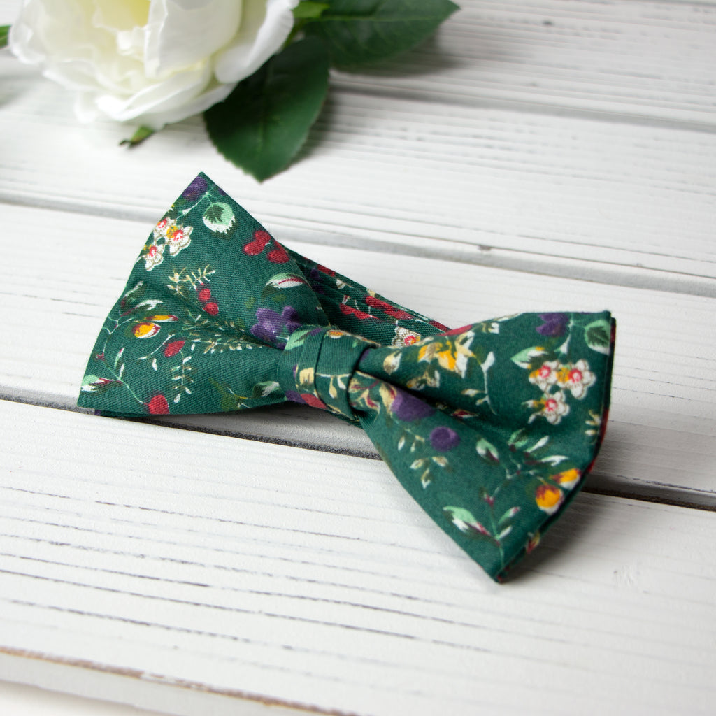 Men's Cotton Floral Print Bow Tie, Juniper (Color F51)