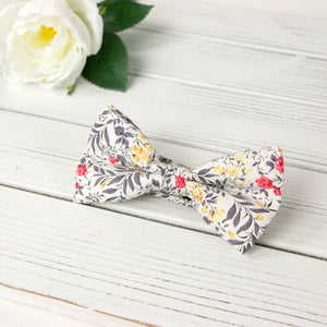 Men's Cotton Floral Print Bow Tie, Yellow Red Grey (Color F62)
