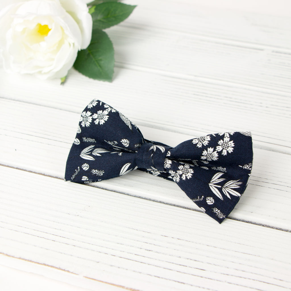 Men's Cotton Floral Print Bow Tie, Dark Navy (Color F66)